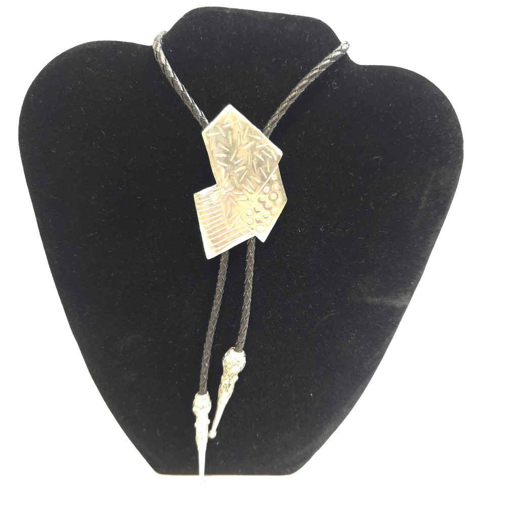 Signed Bolo Tie Silver Black Geometric Abstract Southwestern Vintage